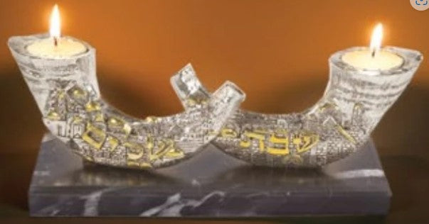Two Shofars On Black Case-Silver Plated - Candle Holder