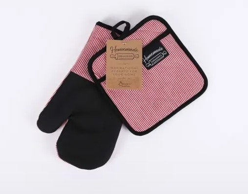Hot Pad and Oven Mitt Set – Red and White
