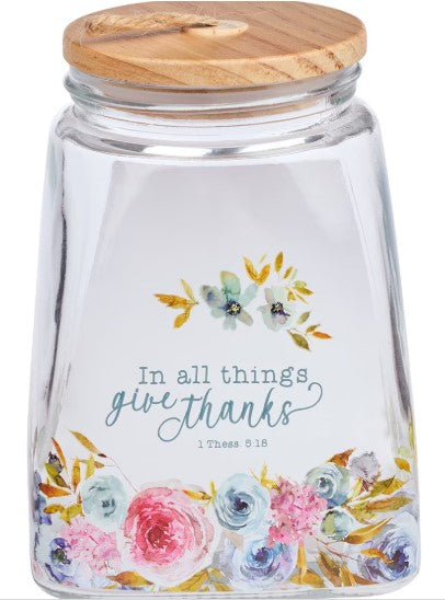 Give Thanks Pink Ranunculus Glass Gratitude Jar with Cards - 1 Thessalonians 5:18