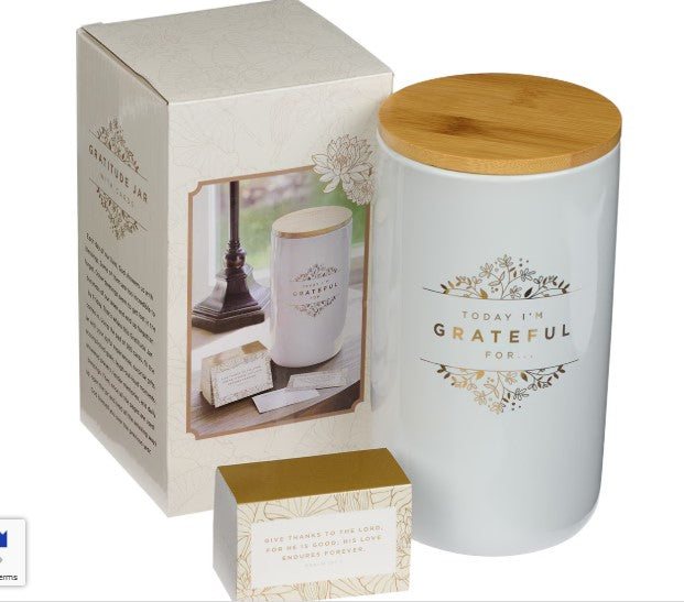 Grateful Gold and White Ceramic Gratitude Jar with Cards