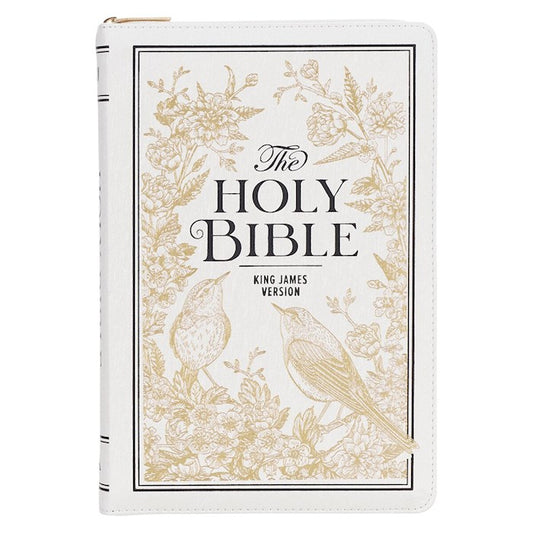 White and Gold Faux Leather Large Print Thinline King James Version Bible with Zippered Closure