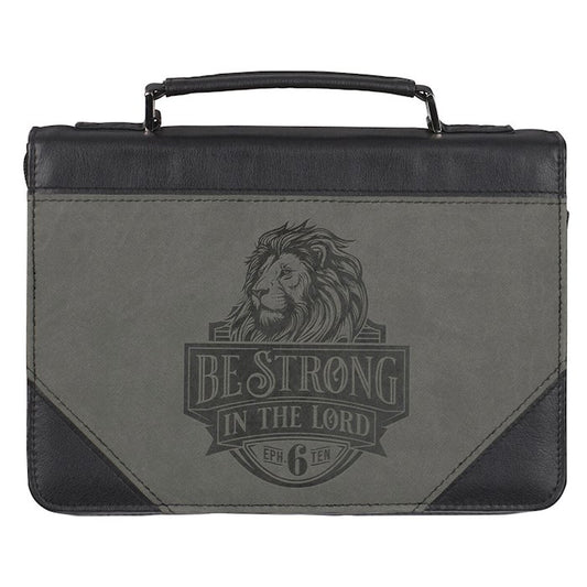 Be Strong in the Lord Black and Gray Lion Faux Leather Classic Bible Cover