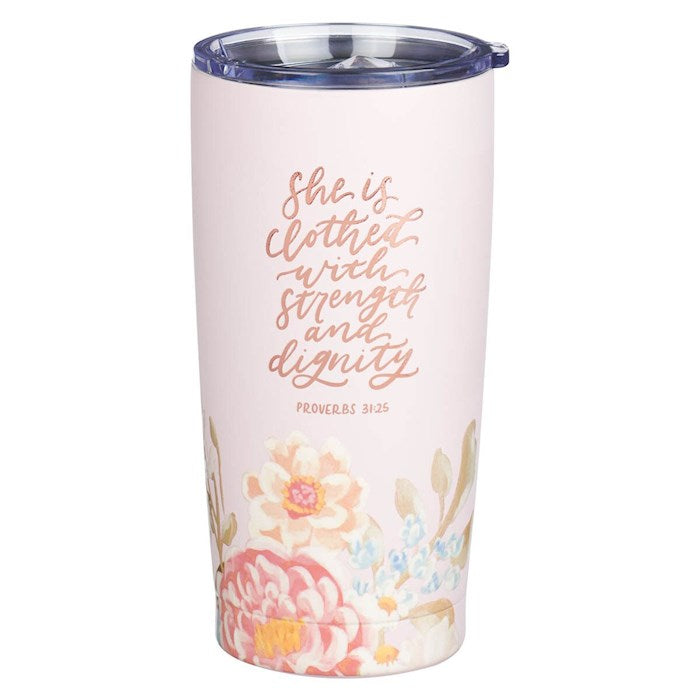 Strength and Dignity Pink Floral Stainless Steel Travel Tumbler