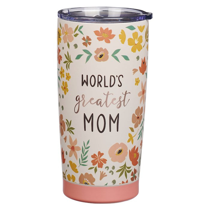 World's Greatest Mom Peach Floral Stainless Steel Travel Tumbler