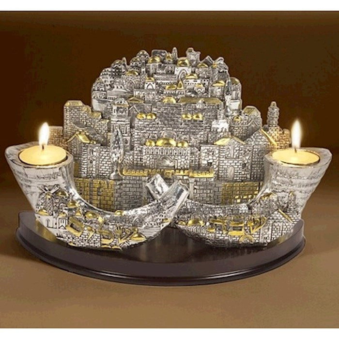 Two Shofars & Jerusalem City-Silverplated - Candle Holder