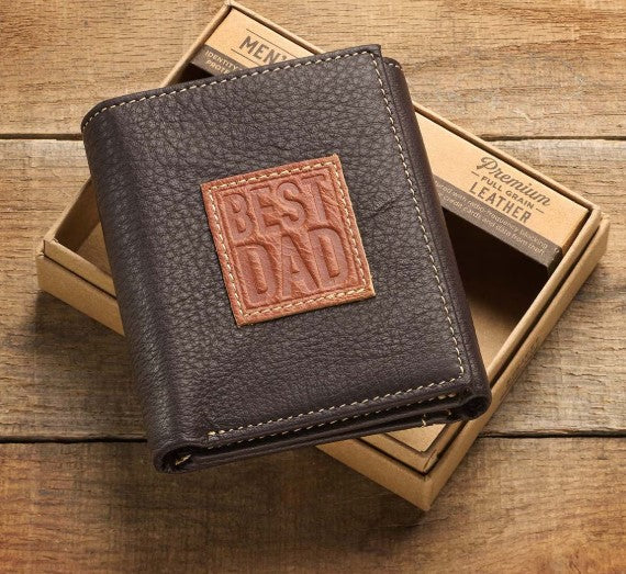 Best Dad Brown and Tan Genuine Leather Trifold Wallet