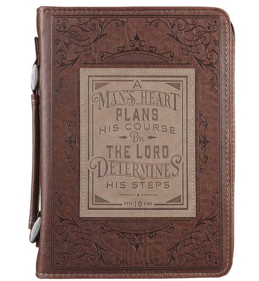 A Man's Heart Brown Faux Leather Classic Bible Cover - Proverbs 16:9