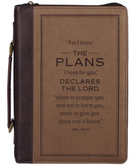 The Plans Cocoa Brown and Taupe Faux Leather Classic Bible Cover - Jeremiah 29:11