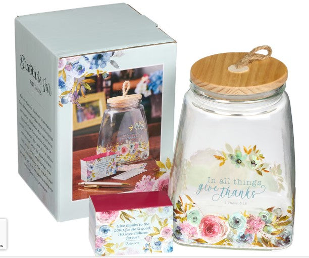 Give Thanks Pink Ranunculus Glass Gratitude Jar with Cards - 1 Thessalonians 5:18