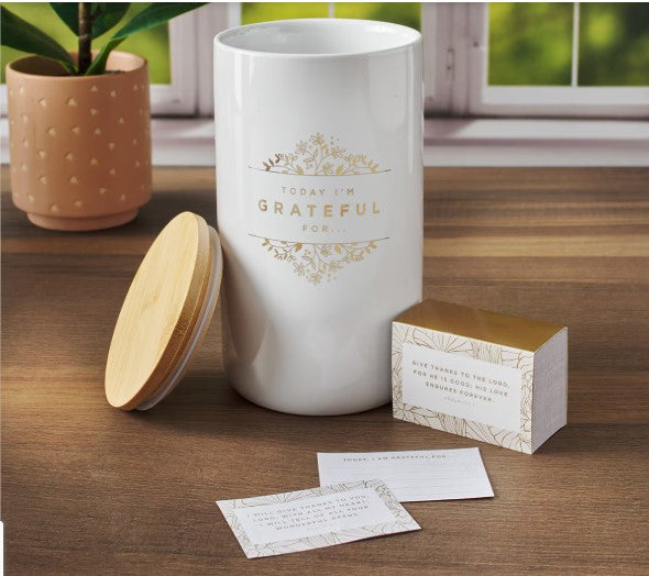 Grateful Gold and White Ceramic Gratitude Jar with Cards