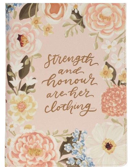 Strength and Honor Pink Floral Faux Leather Classic Journal with Zipper Closure - Proverbs 31:25