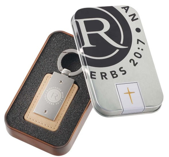 Righteous Man Silver and Tan Key Ring in Gift Tin - Proverbs 20:7
