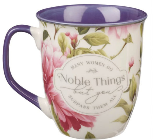 Noble Things Pink Peony Ceramic Coffee Mug - Proverbs 31:25