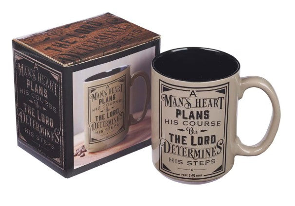 A Man's Heart Brown Ceramic Coffee Mug - Proverbs 16:9