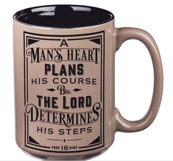 A Man's Heart Brown Ceramic Coffee Mug - Proverbs 16:9