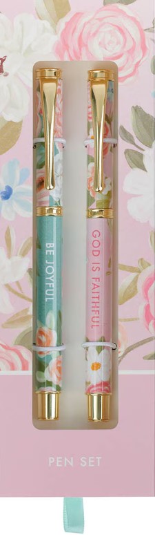 Joyful and Faithful Pink and Green Floral Pen Set