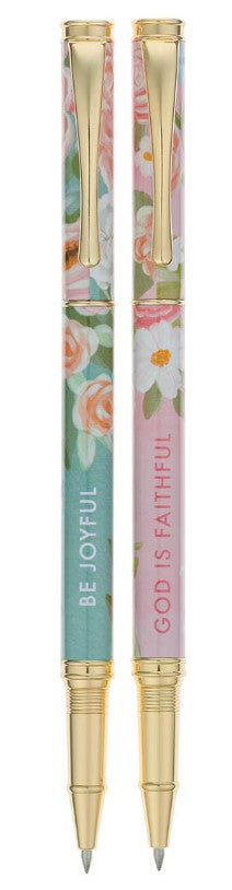 Joyful and Faithful Pink and Green Floral Pen Set