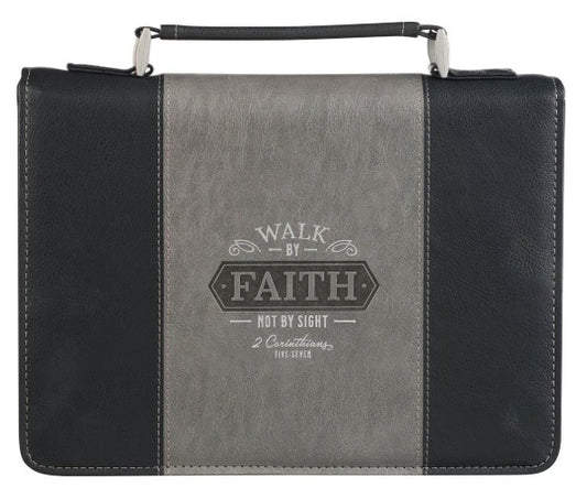 Walk by Faith Black and Gray Faux Leather Classic Bible Cover