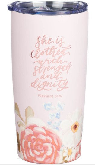 Strength and Dignity Pink Floral Stainless Steel Travel Tumbler