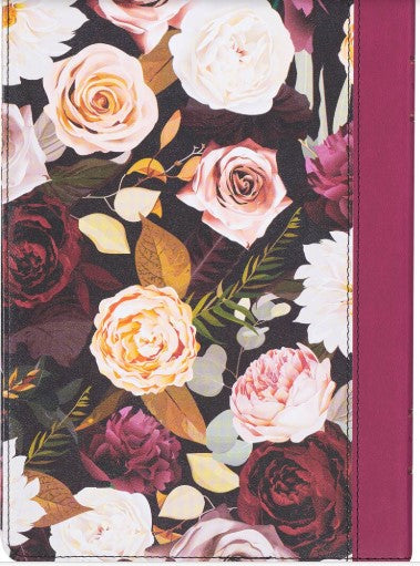 KJV Large Print Thinline Bible-Black/Burgundy Floral Printed Faux Leather