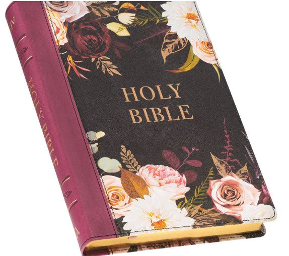 KJV Large Print Thinline Bible-Black/Burgundy Floral Printed Faux Leather