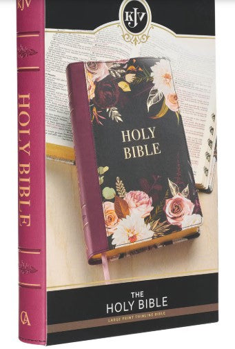 KJV Large Print Thinline Bible-Black/Burgundy Floral Printed Faux Leather