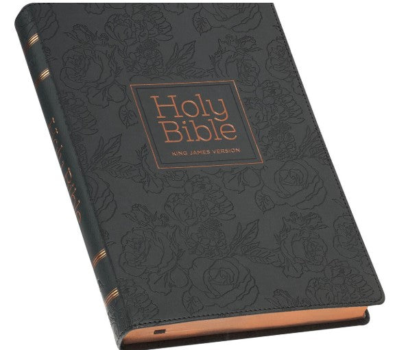 KJV Large Print Thinline Bible-Black Floral Faux Leather