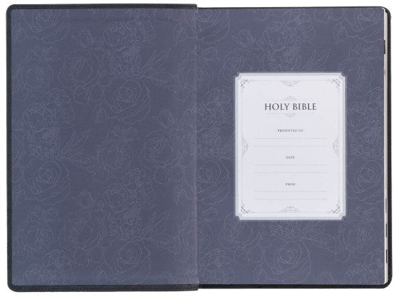 KJV Large Print Thinline Bible-Black Floral Faux Leather