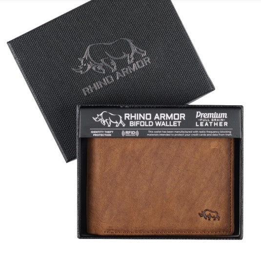 Men's Timber Spice Brown Full Grain Cowhide Leather Bifold Rhino Armor Wallet