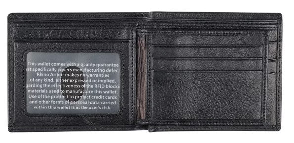 Men's Ebony Black Full Grain Cowhide Leather Bifold Rhino Armor Wallet