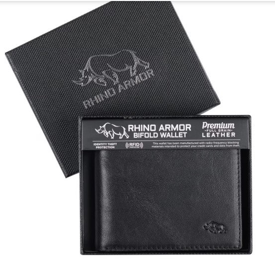 Men's Ebony Black Full Grain Cowhide Leather Bifold Rhino Armor Wallet